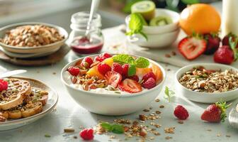 ai generato salutare prima colazione con muesli, frutti di bosco e frutta su bianca tavolo foto