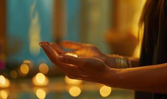 ai generato vicino su di donna mani Meditare con candela leggero nel sfondo. foto