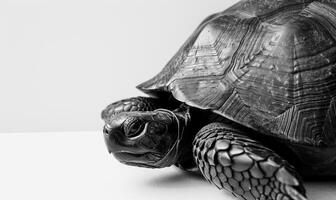 ai generato nero e bianca Immagine di un' tartaruga su un' bianca sfondo. foto
