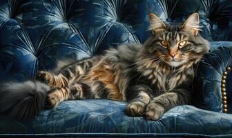 ai generato Maine coon gatto con lussuoso pelliccia reclinabile su un' felpa velluto divano foto