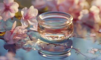 ai generato ciliegia fiori e naturale cosmetico nel bicchiere vaso su acqua superficie foto