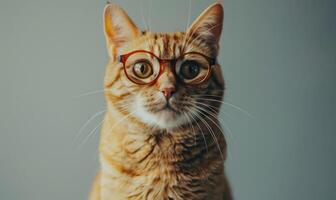 ai generato carino Zenzero gatto indossare occhiali e guardare a telecamera. foto