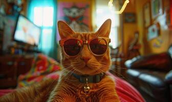 ai generato Zenzero gatto con occhiali da sole su il sfondo di un' colorato interno. foto
