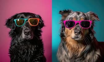 ai generato coppia di cani indossare occhiali da sole su rosa e blu sfondo. studio sparo. foto