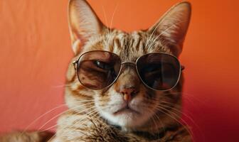 ai generato ritratto di un' gatto indossare occhiali da sole su un' rosso sfondo. copia spazio. foto