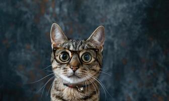 ai generato ritratto di un' carino gatto con bicchieri su un' buio sfondo. foto