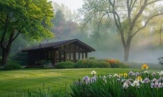 ai generato mattina nebbia avvolgente un' contemporaneo di legno cabina nascosto in profondità entro un' primavera giardino pieno con fioritura iridi e gigli foto