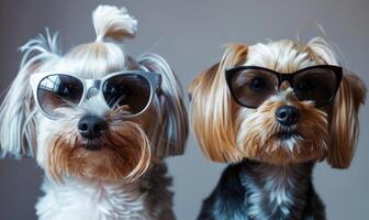 ai generato Due carino yorkshire terrier cani nel occhiali da sole. studio sparo. foto