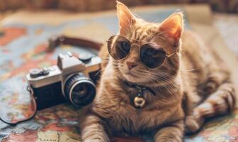 ai generato carino Zenzero gatto con occhiali da sole e telecamera su un' carta geografica. viaggio concetto foto