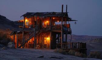 ai generato abbandonato Casa nel il deserto a tramonto. foto