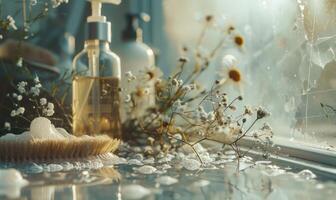 ai generato ciliegia fiori e naturale cosmetico nel bicchiere vaso su acqua superficie foto