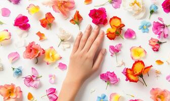 ai generato donna di mano su bianca sfondo con fiore petali in giro foto