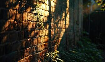 ai generato mattone parete nel il giardino a tramonto. luce del sole attraverso il fogliame. foto