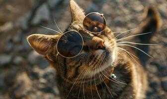 ai generato ritratto di un' soriano gatto indossare occhiali da sole. selettivo messa a fuoco. foto