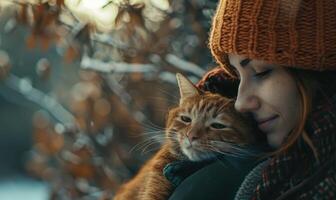 ai generato giovane donna con un' Zenzero gatto nel un' inverno parco. messa a fuoco su il gatto foto