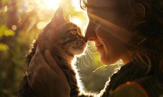 ai generato giovane donna con carino gatto all'aperto su soleggiato giorno, avvicinamento. umano e animale domestico amicizia foto