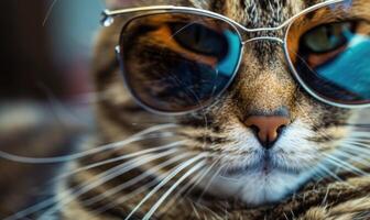 ai generato avvicinamento ritratto di un' gatto indossare occhiali da sole, superficiale profondità di campo foto