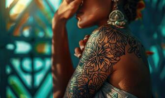 ai generato avvicinamento di un' giovane donna con alcanna tatuaggio su sua corpo foto