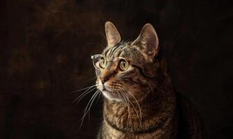 ai generato ritratto di un' a strisce gatto con bicchieri su un' buio sfondo. foto