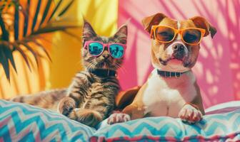 ai generato gatto e cane nel occhiali da sole su divano a vivente camera. selettivo messa a fuoco. foto