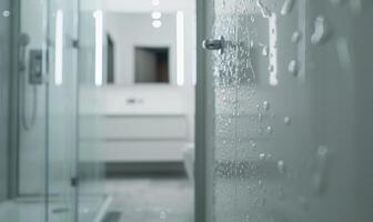 ai generato interno di un' moderno bagno con bicchiere muri e bianca piastrelle. foto