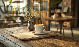 ai generato caffè tazza su di legno tavolo nel caffè negozio, azione foto