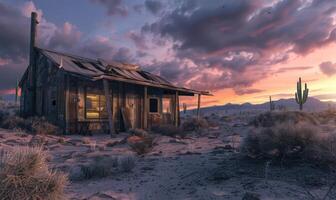 ai generato abbandonato Casa nel il deserto a tramonto. foto