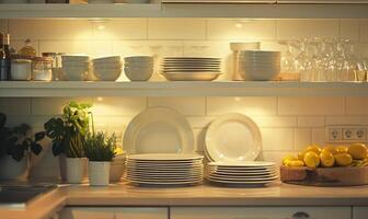 ai generato avvicinamento di pila di pulito bianca piatti nel moderno cucina. foto