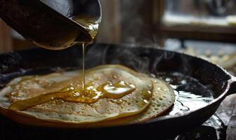 ai generato Pancakes con miele nel un' frittura padella su un' di legno tavolo foto