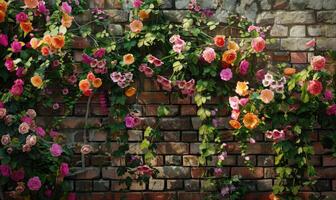 ai generato colorato Rose nel il giardino su un' mattone parete sfondo. selettivo messa a fuoco. foto