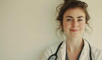 ai generato ritratto di un' bellissimo giovane donna medico con stetoscopio. foto