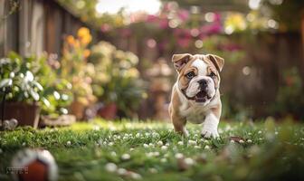 ai generato giocoso bulldog cucciolo chasing un' palla nel un' Giardino dietro la casa giardino foto