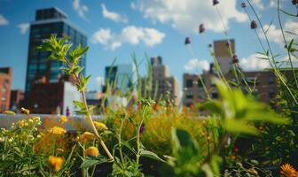 ai generato urbano tetto giardino. moderno grattacieli, Visualizza a partire dal un' terrazza. foto