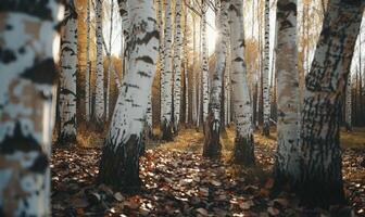 ai generato betulla foresta nel luce del sole nel il mattina, autunno natura paesaggio foto