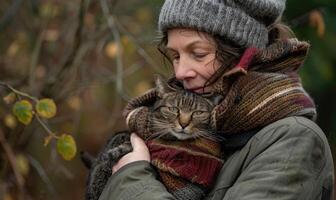 ai generato anziano donna abbracciare gatto nel parco. abbandonato animali, umano e animale domestico. foto