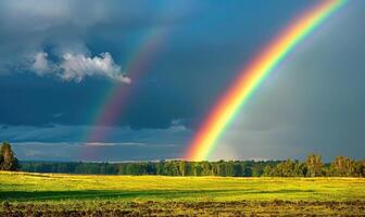 ai generato arcobaleno al di sopra di un' campagna paesaggio foto