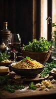 ai generato pasta con carne, verdure e vino foto