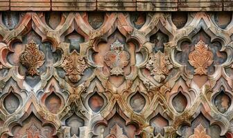 ai generato frammento di il facciata di un vecchio mattone edificio con un' decorativo ornamento. foto
