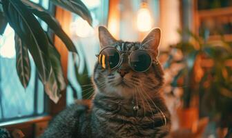 ai generato carino gatto indossare occhiali da sole dire bugie su divano nel vivente camera a casa foto