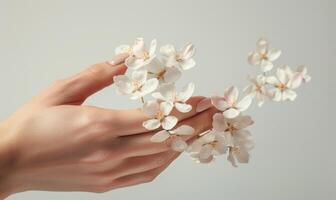 ai generato avvicinamento di un' donna di mano con un' neutro manicure, ornato con delicato fiore petali. foto