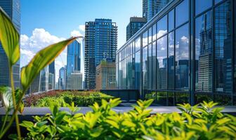 ai generato urbano tetto giardino. moderno grattacieli, Visualizza a partire dal un' terrazza. foto