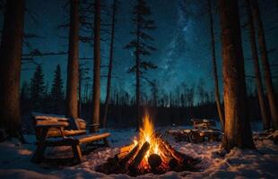 ai generato falò nel il notte foresta foto