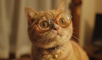 ai generato Zenzero gatto indossare bicchieri e guardare a il telecamera. vicino su foto