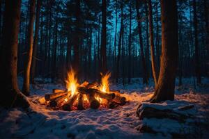 ai generato falò nel il notte foresta foto