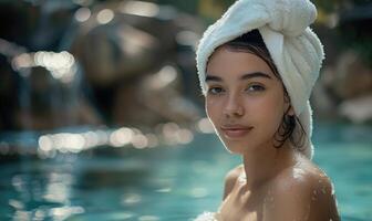 ai generato ritratto di giovane bellissimo donna rilassante nel nuoto piscina a terme ricorrere foto