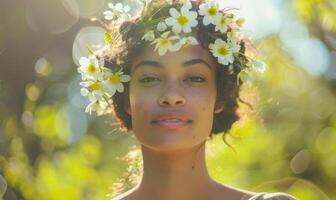 ai generato giovane donna nel un' primavera fiori ghirlanda, circondato di galleggiante petali o fiori. foto