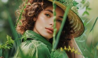 ai generato ritratto di bellissimo ragazza con floreale ghirlanda su testa su verde sfondo foto