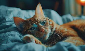 ai generato carino soriano gatto indossare occhiali da sole dire bugie su un' plaid. foto