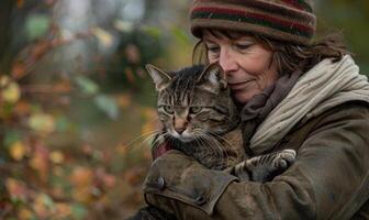 ai generato anziano donna abbracciare gatto nel parco. abbandonato animali, umano e animale domestico. foto