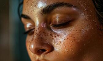 ai generato avvicinamento ritratto di un' bellissimo giovane donna con acqua su viso. pelle cura foto